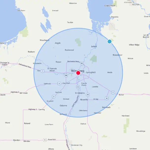 Map of the service area, a circle centred on Winnipeg reaching Selkirk, Steinbach and Oak Bluff